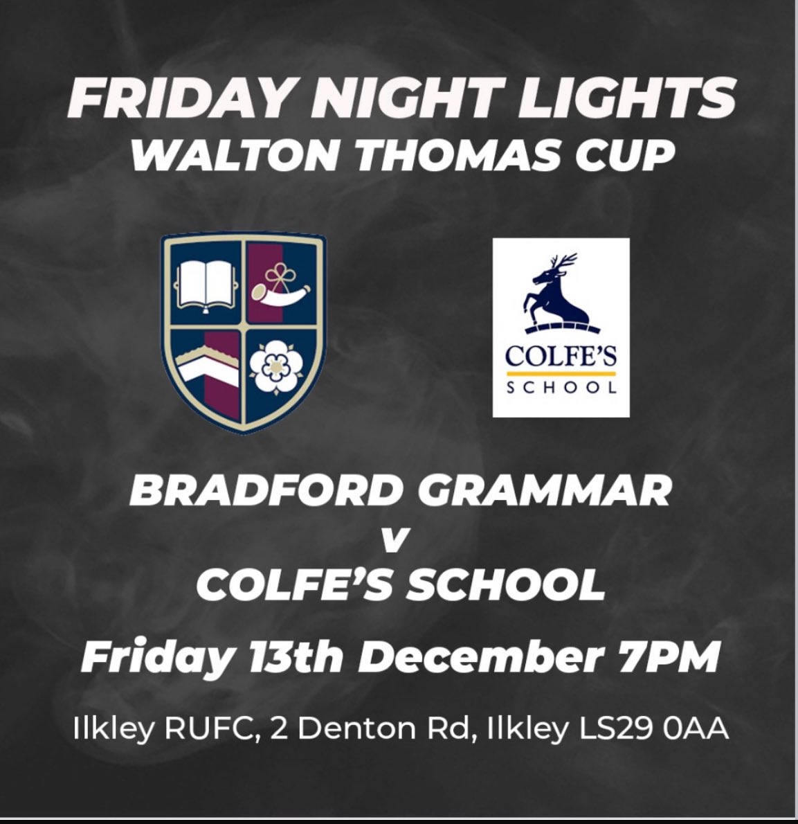 Bradford GS RUFC (@bgsrufc) on Twitter photo Happening this Friday…please come and support the boys in what will be a tough fixture <a href="/IlkleyRugby/">Ilkley RFC Official</a>.
vs <a href="/COLFESsport/">Colfe's School Sport</a> Happening this Friday…please come and support the boys in what will be a tough fixture <a href="/IlkleyRugby/">Ilkley RFC Official</a>.
vs <a href="/COLFESsport/">Colfe's School Sport</a>