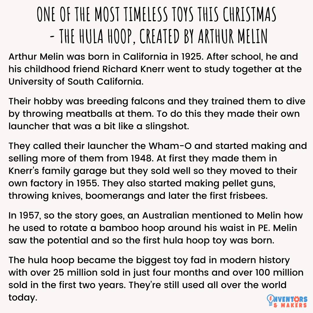 With Christmas approaching and new toys on the brain, we wanted to share inventor of fun-inspired gadgets, Arthur Melin. I also discovered that the longest ever continuous hula hooping is nearly 75 hours!
#inventorandmakeroftheweek #stemheroes #arthurmelin #hulahoop #stemteacher