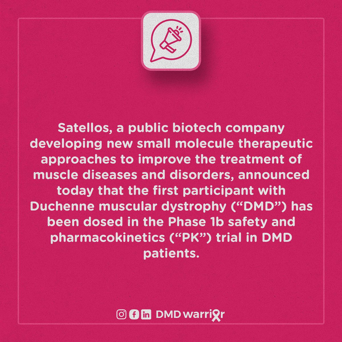 dmdwarriorcom's tweet photo. Satellos Announces First Participant with Duchenne Muscular Dystrophy Dosed in the Phase 1b Clinical Trial of SAT-3247
Source: https://t.co/8sVcuyGF4c
#dmd #duchenne #bmd #becker #genetherapy #dmdwarrior #dmdwarriors #satellos #sat3247 #sat-3247 https://t.co/BIEaHF8H0t