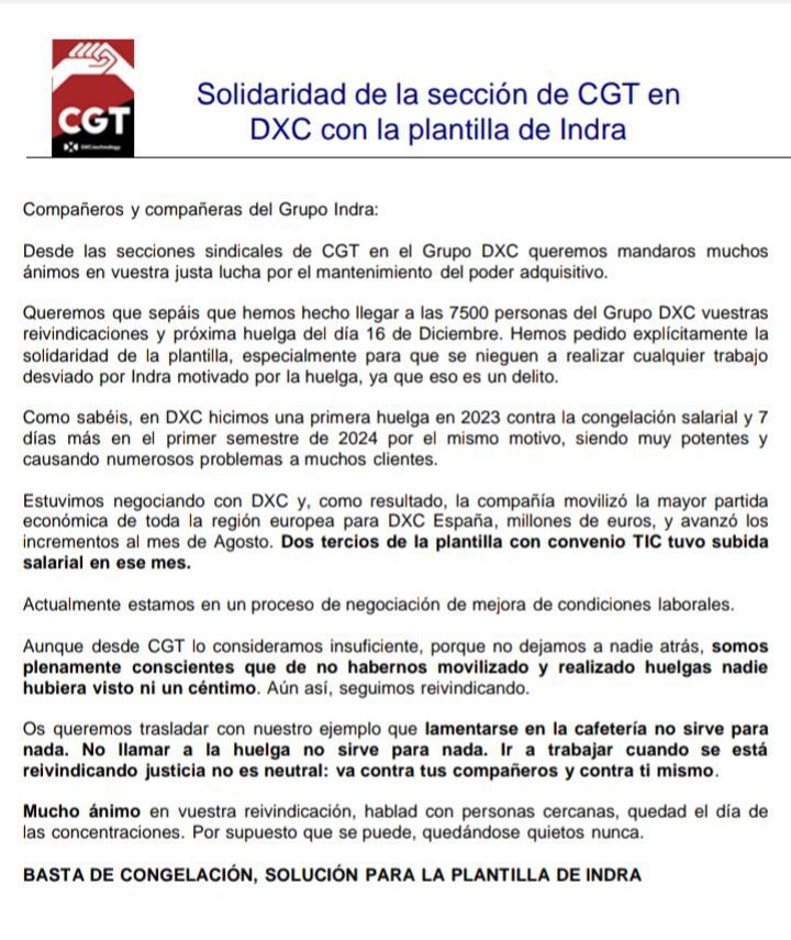 #HuelgaIndra #16D
Solidaridad de la sección de CGT en DXC con la plantilla del Grupo Indra.