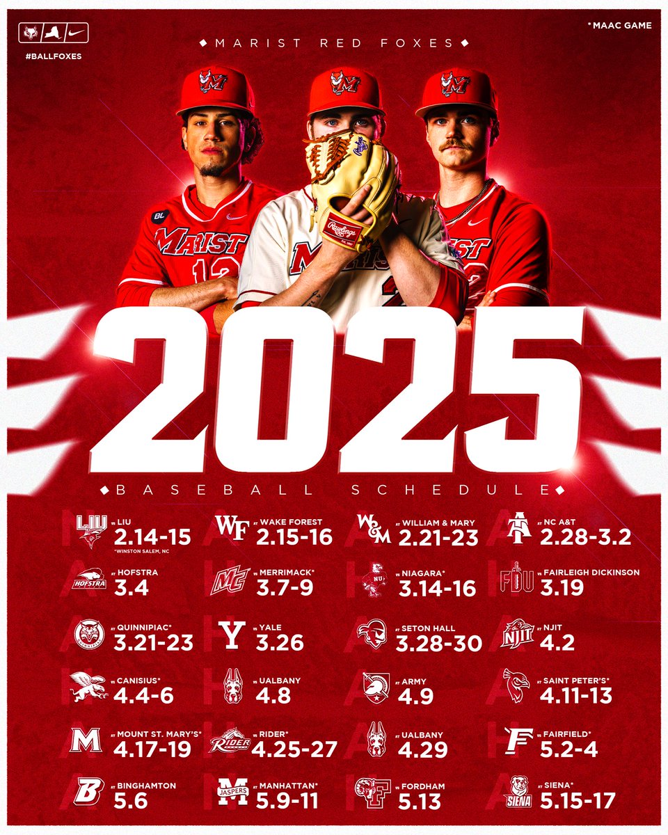🚨2025 MARIST BASEBALL SCHEDULE🚨

The Ball Foxes are slated for 52 games for the 2025 season, including starting MAAC play March 7!

📰 bit.ly/3ONYX5h

#ballfoxes⚾️🦊