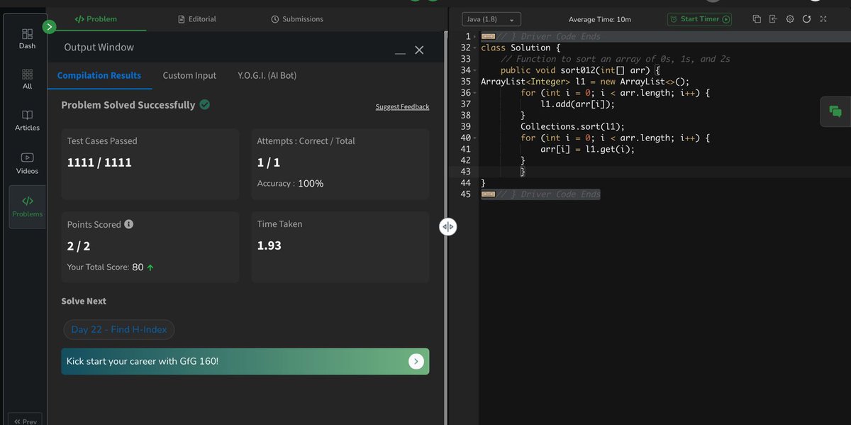 agrawaltaruna13's tweet image. Day 21: Solved the &quot;Sort 0s, 1s, and 2s&quot; problem! 🚀  
Sharpened my array manipulation and sorting skills. 🔢  

#gfg160 #geekstreak2024 #CodingChallenges @geeksforgeeks