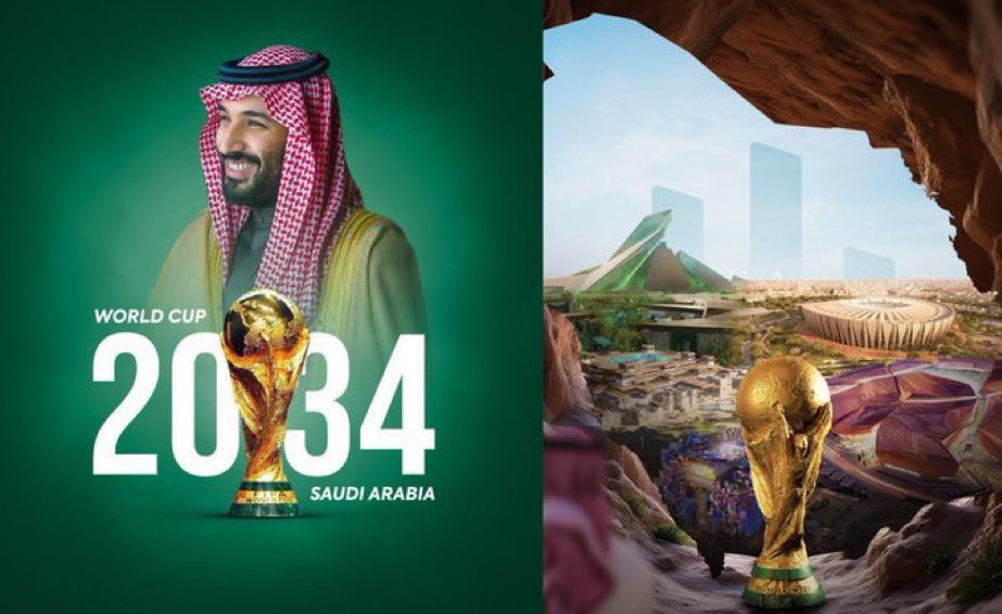 مبروك لنا ولقيادتنا الرشيدة -حفظها الله- وللشعب السعودي العظيم بمناسبة فوز المملكة بحق استضافة كأس العالم ٢٠٣٤ في المملكة العربية السعودية..
بإذن الله  ،، 
((العالم عندنا بكل فخر واعتزاز وفي امن وامان ))