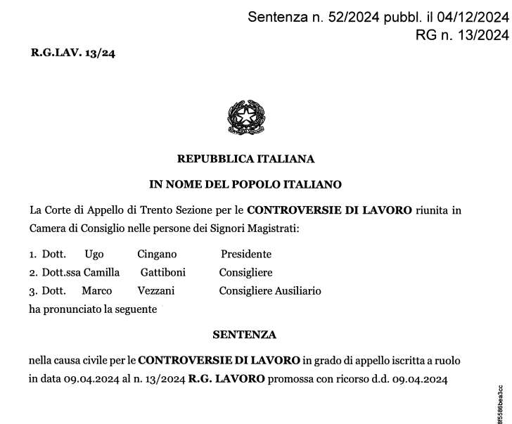 App. Trento 4 dicembre 2024, n. 52: è #autonomo il rapporto tra l'assistente familiare e la cooperativa laddove vi sia la possibilità di rifiutare la chiamata senza conseguenze disciplinari e la presenza di un #corrispettivo predeterminato solo in parte->bollettinoadapt.it/wp-content/upl…