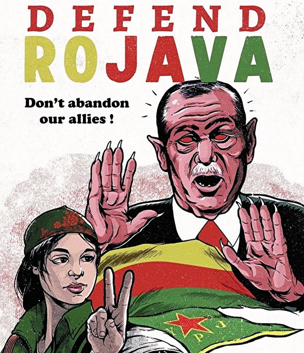 Vigil4Ocalan's tweet photo. 💛❤️💚 #DefendRojava

In Syria, it’s simple. Turkey’s Erdoğan wants to ethnically cleanse the Kurds of Rojava because: (1) They are the only democratic alternative left to his Al-Qaeda puppet caliphate. (2) To rescue thousands of his imprisoned ISIS mercenaries they are guarding.