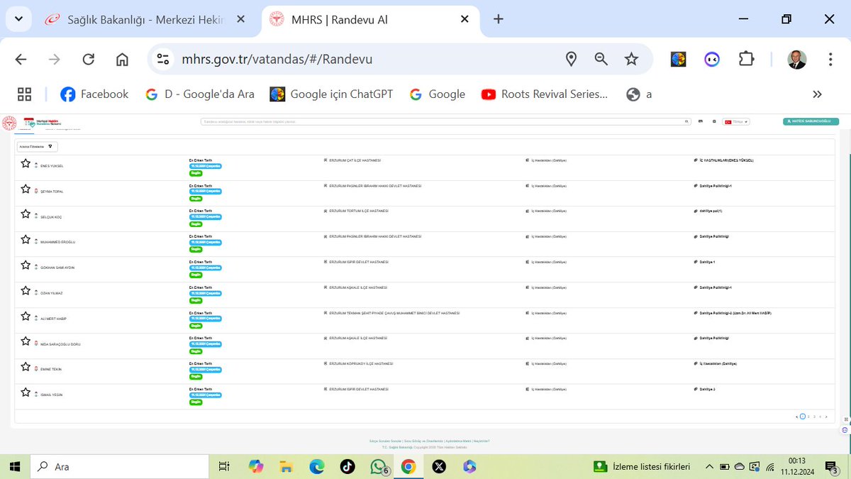 Erzurum Şehir Hastanesine ne oldu?
e- devlet üzerinde sisteme giriyorsunuz.
Göğüste 19, Kardiyolojide 24, Cildiyede 25 Aralık’a kadar randevular kapalı.
Dahiliyeye  gitmek istiyorsunuz?
Peki, ne diyor?
“Pasinler’e, Çat’a yönlendirelim sizi.”
Hani Sağlık sistemimiz çağ atlamıştı?