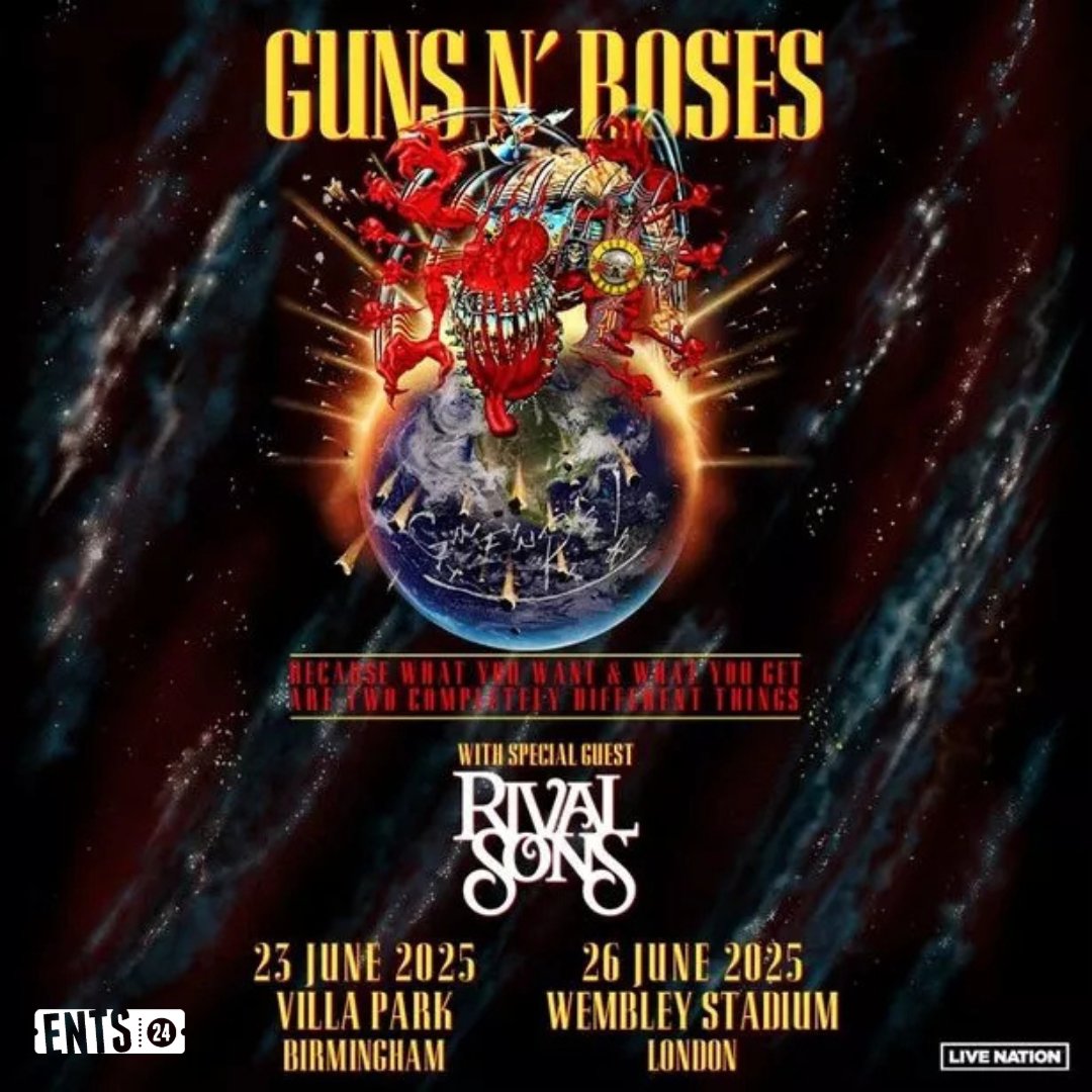 🎸🔥 The legendary <a href="/gunsnroses/">Guns N' Roses</a> have announced two epic UK shows at <a href="/wembleystadium/">Wembley Stadium</a> and Villa Park 🏟️
🎟️ Tickets go on sale this Friday, 13th December, at 9am. Set your alarms! 🤘
✨ ents24.com/uk/tour-dates/…
#GunsNRoses #LiveMusic #UKShows #RockLegends #ents24 #musicnews