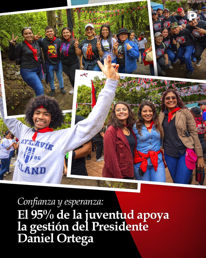 🔴⚫🌟 ¡Juventud firme y llena de esperanza! Más del 95% de los adolescentes y jóvenes nicaragüenses respalda la gestión del Presidente Daniel Ortega y la Compañera Rosario Murillo, según el estudio "Juventud Cosmovisión" de M&amp;R Consultores.
