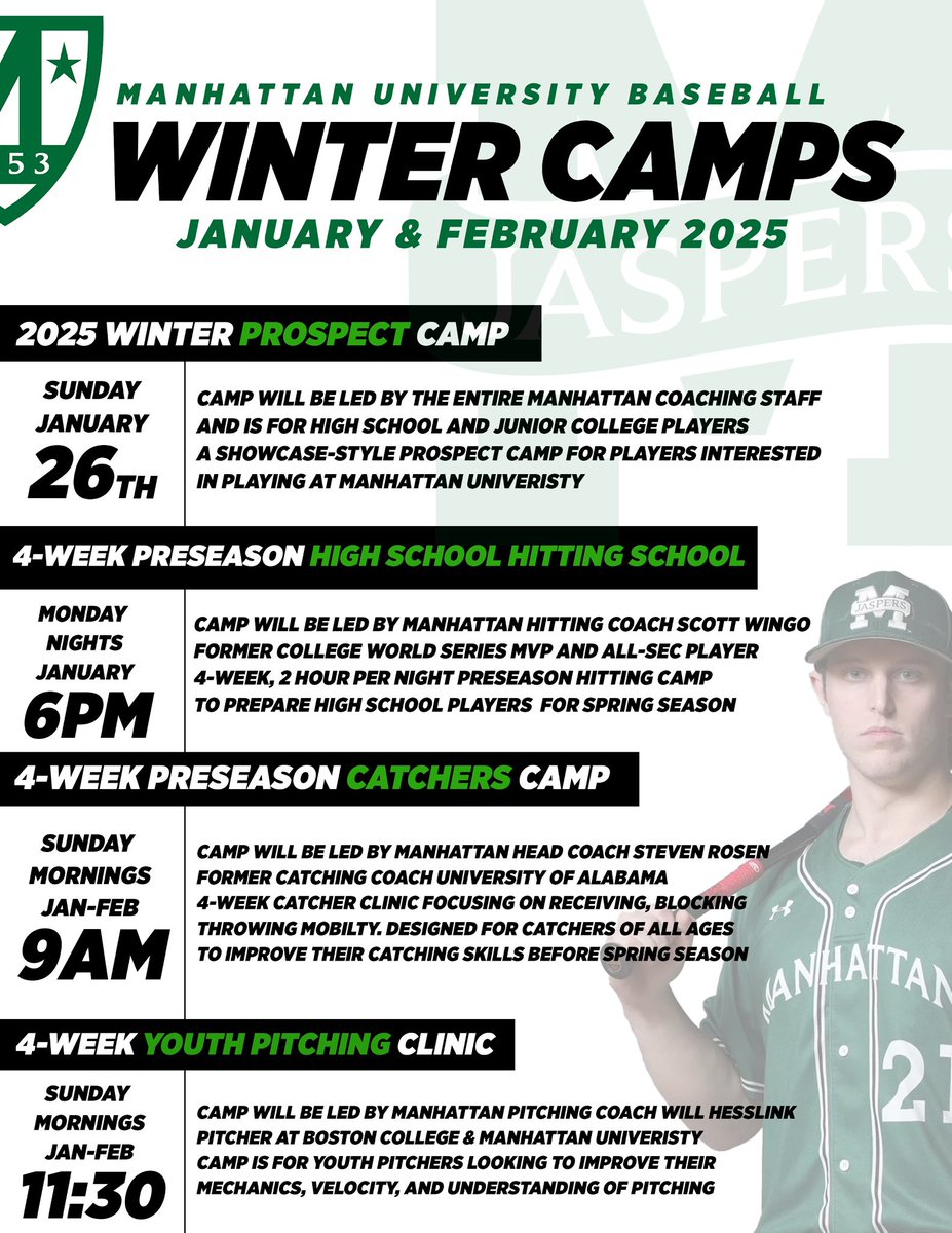 Sign up now for Manhattan Baseball Camps coming in January 2025! See you soon and happy holidays! 

LINK TO REGISTER: riverdalebaseballcamps.com

#ManhattanProject 🟢⚪️