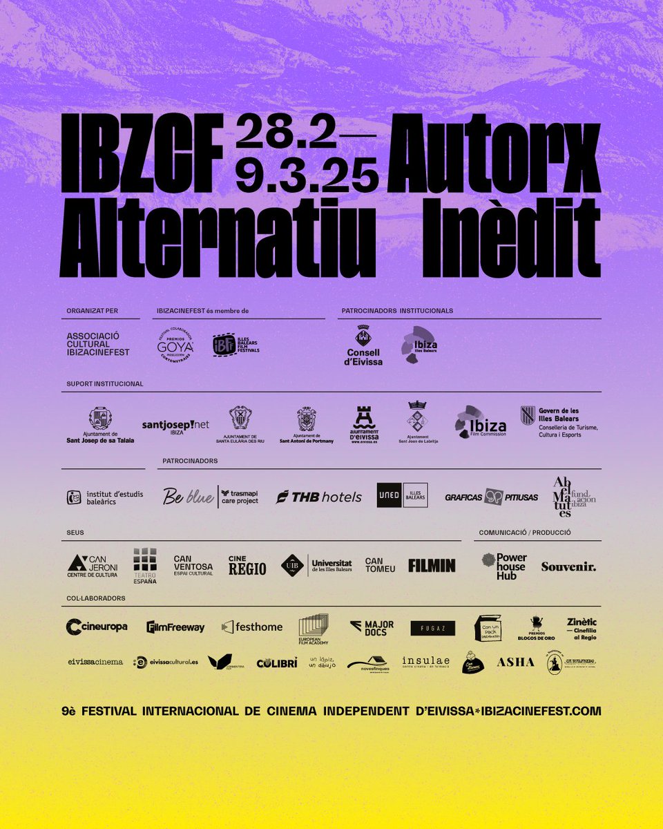 Gràcies per fer-ho possible!🎬 

#IBZCF25 no seria realitat sense el suport dels nostres patrocinadors. Gràcies per apostar pel cinema independent i compromès.

Atenció a tot el que ens espera del 28 de febrer al 9 de març de 2025! Aviat, més notícies. 👁️