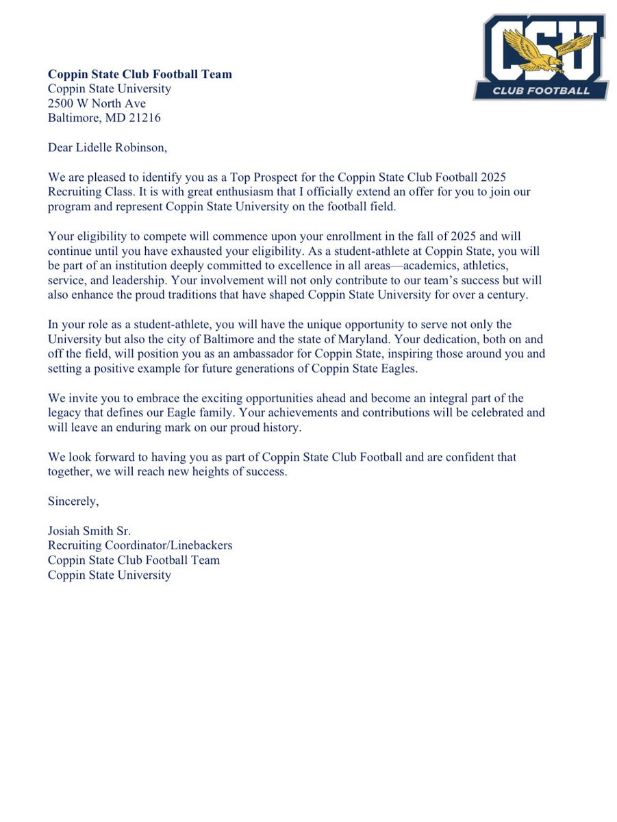After a great conversation with <a href="/Coach_Smith55/">Josiah Smith</a> I am Blessed to receive an official offer from Coppin State University <a href="/SpeedboysFB/">Speedboys_FB</a> <a href="/koachbubb/">KoachBubb_WP</a> <a href="/Coach_ScoopWP/">Coach_Scoop</a> <a href="/CoacAaronyWP/">Aaron Young</a> <a href="/CoachPresWP/">Him Duncan</a>