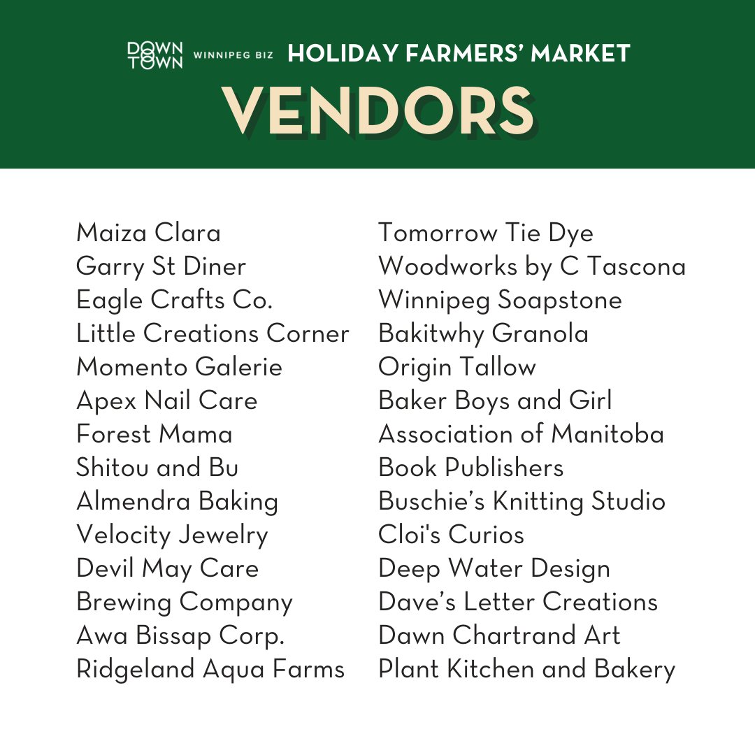 Farmers' Market (@dtwpgfarmersmkt) on Twitter photo Second Holiday Market TOMORROW at <a href="/shop_cityplace/">Cityplace Winnipeg</a>!
Over 60 vendors and live music by the incredible Andrina Turenne—Franco-Manitoban & Red River Métis singer-songwriter.
📍#FindItDowntown at 333 St Mary Avenue
⏰ Market hours: 10 a.m. – 2 p.m.
⏰ Performances: 12 p.m. - 1 p.m. Second Holiday Market TOMORROW at <a href="/shop_cityplace/">Cityplace Winnipeg</a>!
Over 60 vendors and live music by the incredible Andrina Turenne—Franco-Manitoban & Red River Métis singer-songwriter.
📍#FindItDowntown at 333 St Mary Avenue
⏰ Market hours: 10 a.m. – 2 p.m.
⏰ Performances: 12 p.m. - 1 p.m.