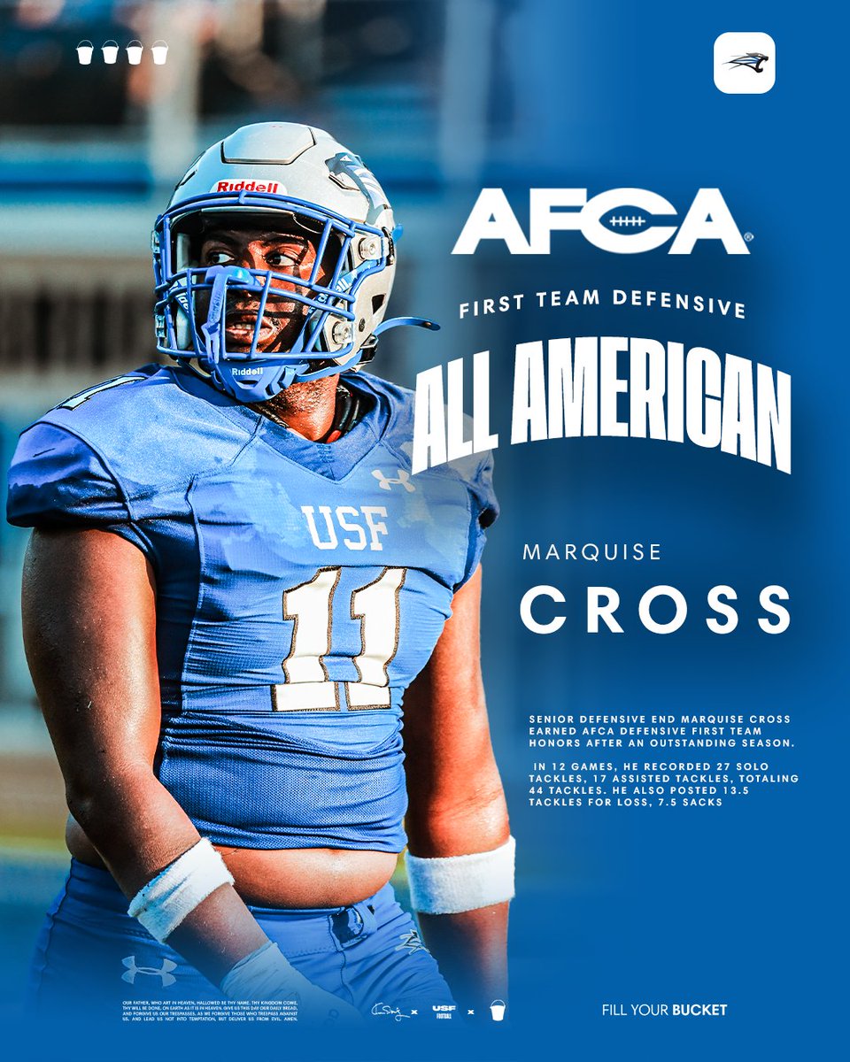 usf_fb's tweet photo. ALL-AMERICAN! 🇺🇸🪣

@TheeMarquise has been selected as a @WeAreAFCA First Team Defensive All-American!

🔗: https://t.co/0jL1Ie3eWl

#GoCougs🐾 | #FillYourBucket https://t.co/ELbbZBwZkj