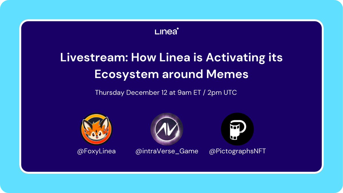 Tomorrow, 12th December 2024, at 9 am (EST), we’re going live with <a href="/PictographsNFT/">Pictographs</a>, <a href="/intraVerse_Game/">Intraverse</a>, and <a href="/FoxyLinea/">Foxy 🦊</a> to discuss what’s cooking with meme communities on Linea.

📅 Thursday, 12th December 2024
⏰ 9 AM EST
📍 X &amp; YouTube

youtube.com/watch?v=wFBpgU…