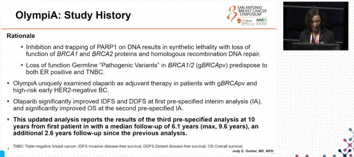 DFCI_BreastOnc's tweet photo. Dr. Judy Garber (@judygarber5) shared updated OlympiA Phase 3 trial results in today's #SABCS24 General Session #olaparib #BRCA1 #BRCA2 #BreastCancer https://t.co/ylw6j6g7sA