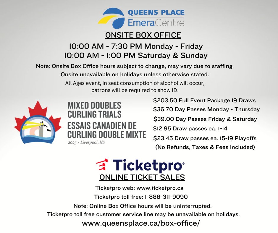 Tickets are on sale for the 2025 Canadian Mixed Doubles Curling Trials. Dec. 30 - Jan. 4
16 teams will playoff to represent Canada at the 2026 Winter Olympics in Italy right here in Liverpool <a href="/queensplace1/">Queens Place Emera Centre</a> !