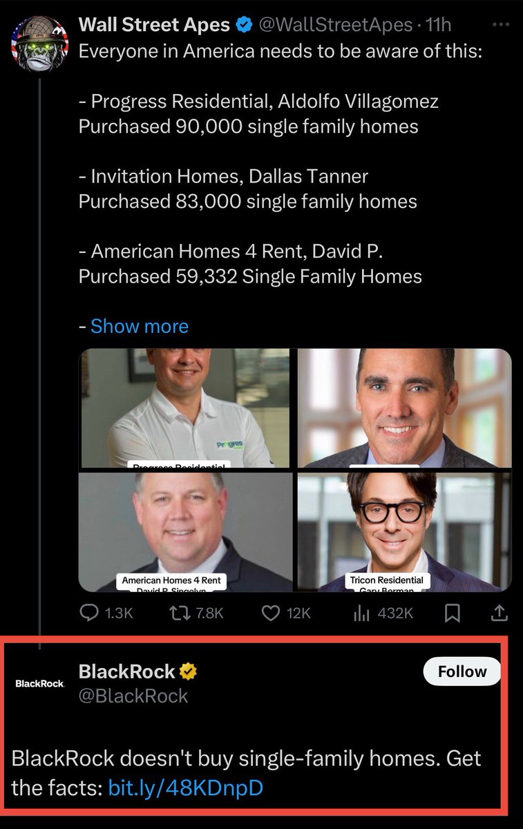WallStreetApes's tweet photo. 1) BlackRock commented on my post saying “BlackRock doesn’t buy single family homes”

2) Here’s Vice President JD Vance saying BlackRock is getting 1.5% interest rates and buying all our homes

3) Tucker Carlson confirming BlackRock is buying our homes

4) RFK Jr confirming BlackRock is buying all our homes in America

Who do you believe?
