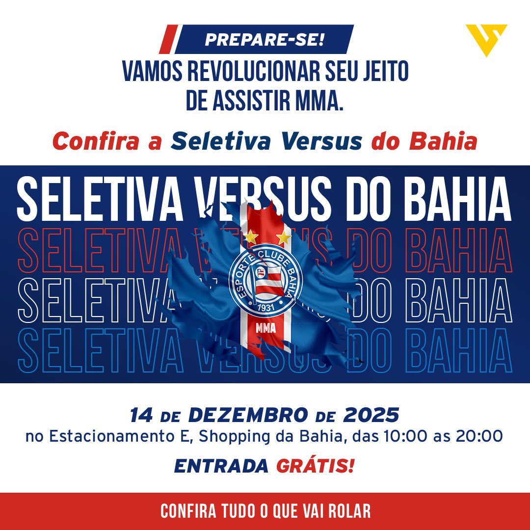 ecbahiaassoc's tweet photo. 👊🏼 𝐏𝐚𝐫𝐭𝐢𝐜𝐢𝐩𝐞 𝐝𝐚 𝐬𝐞𝐥𝐞𝐭𝐢𝐯𝐚 𝐝𝐞 𝐌𝐌𝐀 𝐝𝐨 𝐁𝐚𝐡𝐢𝐚! Confirmado na 1ª edição brasileira do #VersusFight, ano que vem, o Esquadrão conta com a força da Nação Tricolor na escolha dos lutadores e ring girls que representarão o Clube na pré-temporada.

Acesse https://t.co/hEJkHMPAx3 e inscreva-se como lutador ou torcedor. Seletiva acontece sábado (14), a partir das 10h, no @shoppingdabahia, com entrada gratuita.

#ECB #VersusFC #MMA #MMABrasil #BBMP