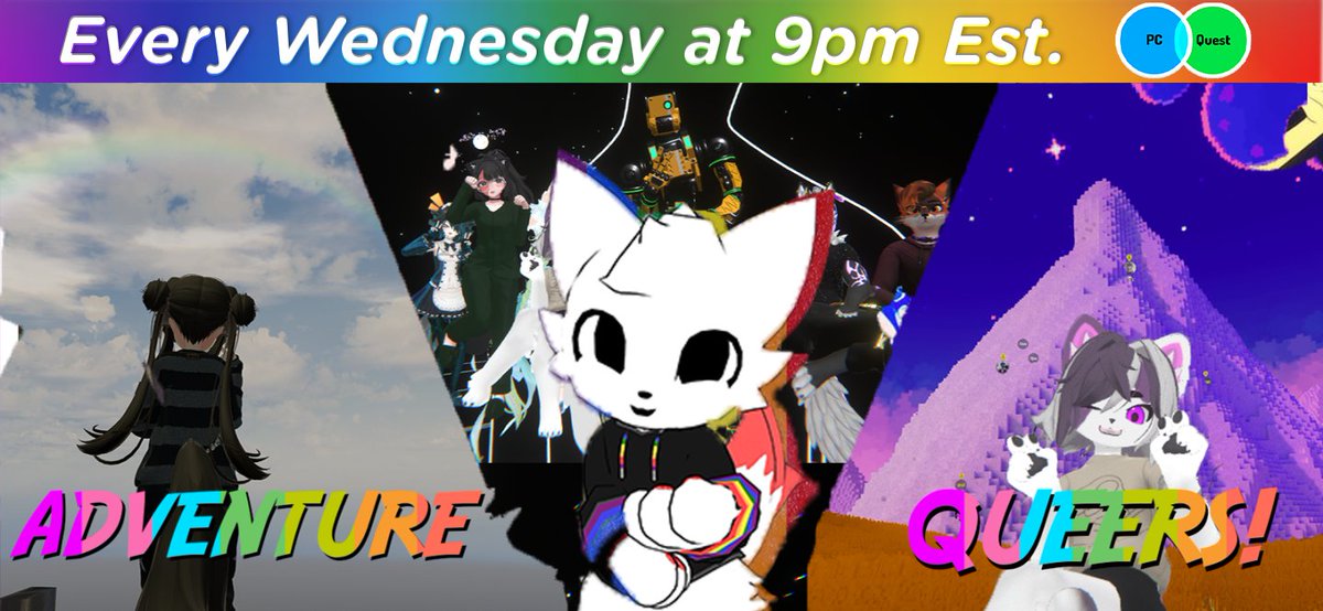 PrideVR_'s tweet photo. 🏳️‍🌈 Get ready for Adventure Queers!
🌟 We're diving into a wild #VRChat journey, hopping between incredible community labs and hidden secret worlds.
💫 Come join the adventure! We can't wait to see you! https://t.co/PlL8Ju4aff