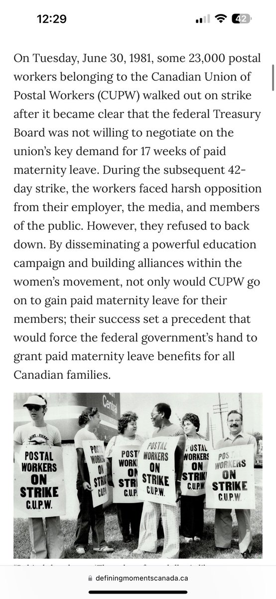 If you've ever been on pregnancy or parental leave, visit a @CUPW picket line. 

We wouldn't have public leave provisions if posties hadn't fought for them first! And don't forget business and the media opposed them the too!

#cdnfem #canlab