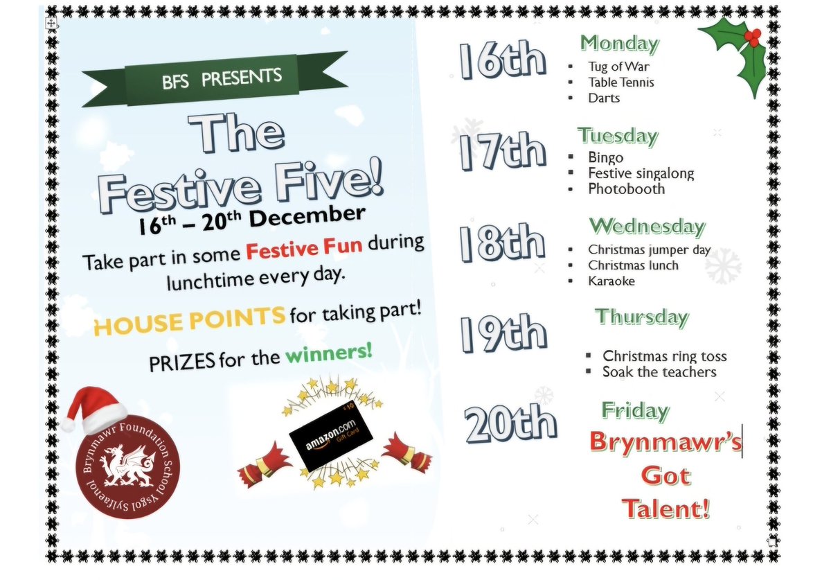 Brynmawr_school's tweet photo. End of term festive fun! For our final week of term attendance is key if you want to take part and have the chance to win a prize! ππ
#festivefive https://t.co/wyS0MzTw4V
