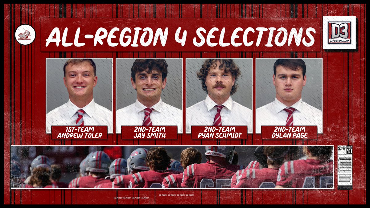 🏈: The Fightin' Engineers lead the HCAC with FOUR All-Region selections including 1st-Team honoree Andrew Toler. Jay Smith, Dylan Page, and Ryan Schmidt also received 2nd-Team All-Region selections from D3football! #GoRose #d3fb

athletics.rose-hulman.edu/news/2024/12/1…