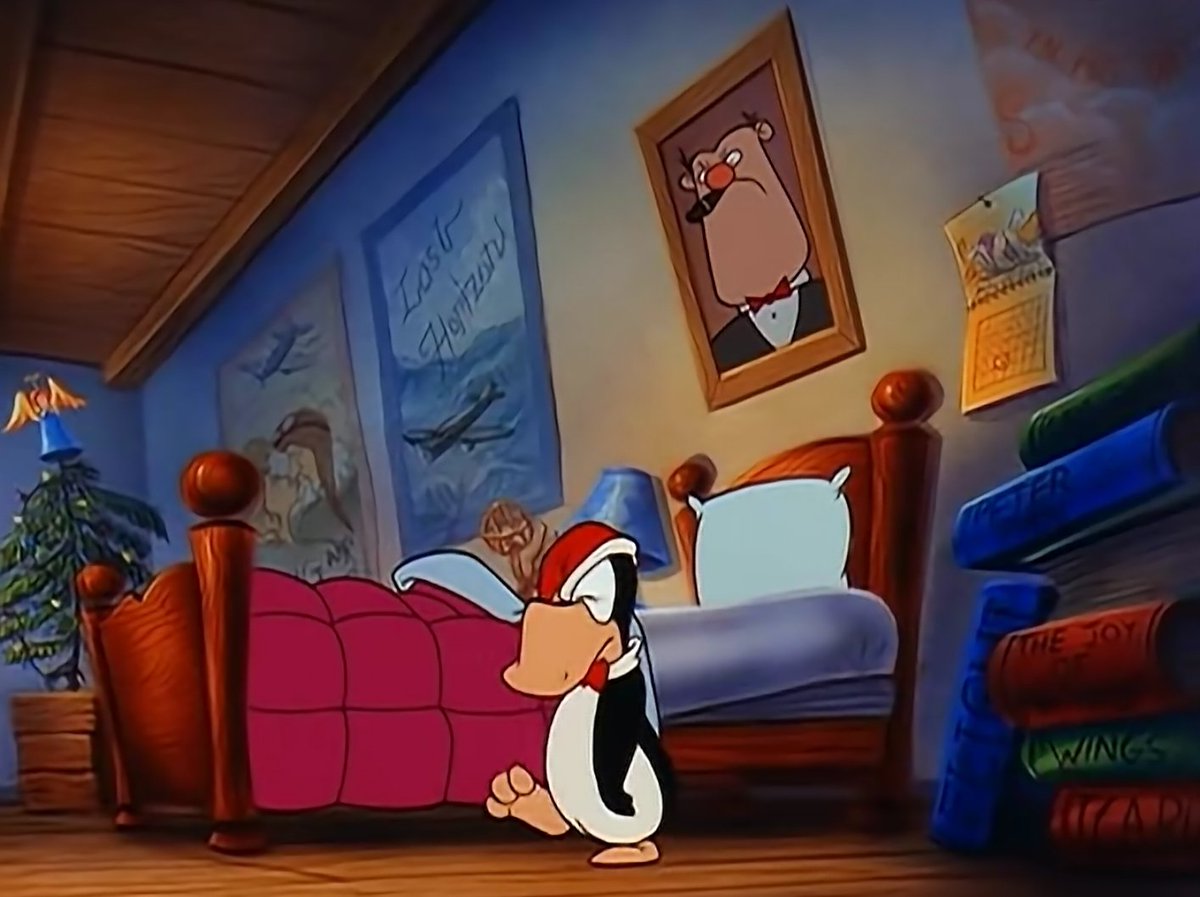 <a href="/NichoLowry/">Nicholas D. Lowry</a> <a href="/SwannGalleries/">Swann Galleries</a> Wonderful that Opus' room is filled with vintage flight movie posters. 😅.   I think this cell was a promo for the Christmas animation "A Wish for Wings that Work".  Your offering would make a great gift for a Bloom County fan! 🎄🐧