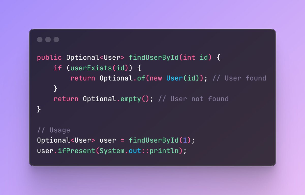 CodeWithHaci's tweet image. 💡 Avoid Returning Null Using Optional
Instead of returning null from your methods, use Optional to reduce the risk of NullPointerException.
This makes your code cleaner and safer! 🚀 #Java #CleanCode #ProgrammingTips