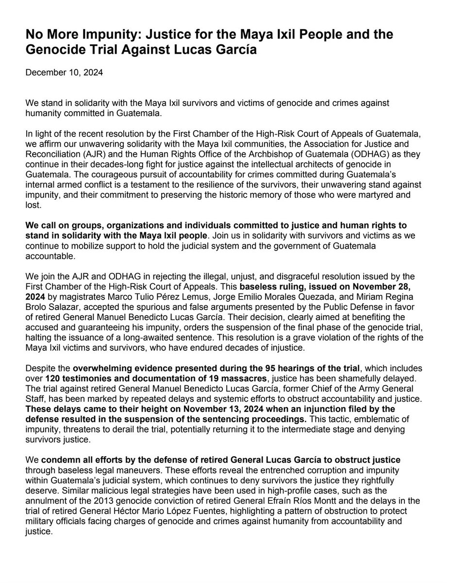 CRLN_LA's tweet photo. 📢 No More Impunity: Justice for the Maya Ixil People

We stand in solidarity with Maya Ixil survivors and victims of genocide in Guatemala.

#IxilGenocide #SiHuboGenocido #GenocidioIxil #Guatemala https://t.co/qwOAs4iQVP