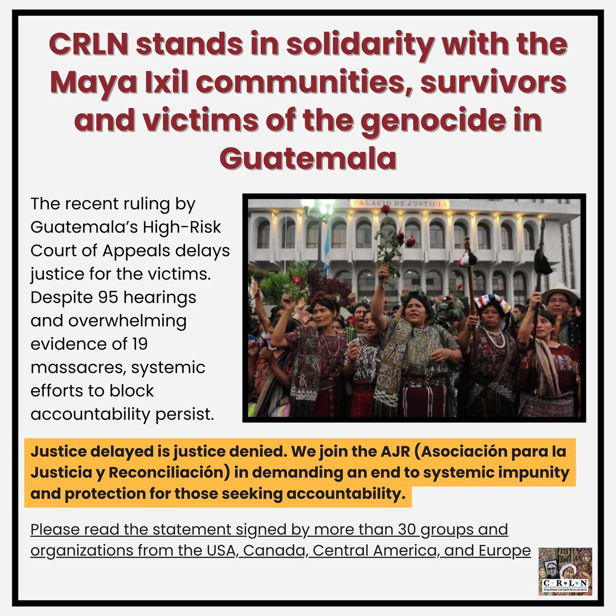 CRLN_LA's tweet photo. 📢 No More Impunity: Justice for the Maya Ixil People

We stand in solidarity with Maya Ixil survivors and victims of genocide in Guatemala.

#IxilGenocide #SiHuboGenocido #GenocidioIxil #Guatemala https://t.co/qwOAs4iQVP