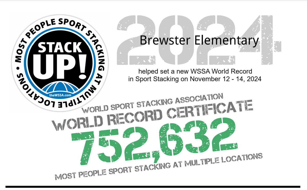 Bulldogs participated in one of the largest World Record attempts EVER! 167 stackers from Brewster Elementary helped set a NEW WORLD RECORD!

They joined with 752,632 others around the world to set a NEW World Record for "Most People Sport Stacking at Multiple Locations".