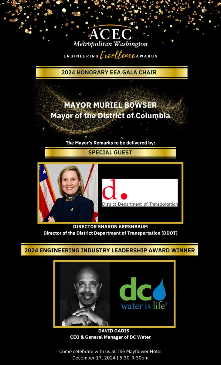 ACEC Metropolitan Washington (@acec_mw) on Twitter photo ACEC/MW recognizes this year's 2024 EEA Honorary Chair - <a href="/dcmayorsoffice/">DC Mayor's Office</a> <a href="/MayorBowser/">Mayor Muriel Bowser</a>
The Mayor's remarks will be delivered by <a href="/DDOTDC/">DDOT DC</a>'s Director Sharon Kershbaum.
And this year's Engineering Industry Leadership Award Recipient - <a href="/dcwater/">DC Water</a> <a href="/DavidGadis/">David L. Gadis</a>!
lnkd.in/egGZFWtg ACEC/MW recognizes this year's 2024 EEA Honorary Chair - <a href="/dcmayorsoffice/">DC Mayor's Office</a> <a href="/MayorBowser/">Mayor Muriel Bowser</a>
The Mayor's remarks will be delivered by <a href="/DDOTDC/">DDOT DC</a>'s Director Sharon Kershbaum.
And this year's Engineering Industry Leadership Award Recipient - <a href="/dcwater/">DC Water</a> <a href="/DavidGadis/">David L. Gadis</a>!
lnkd.in/egGZFWtg