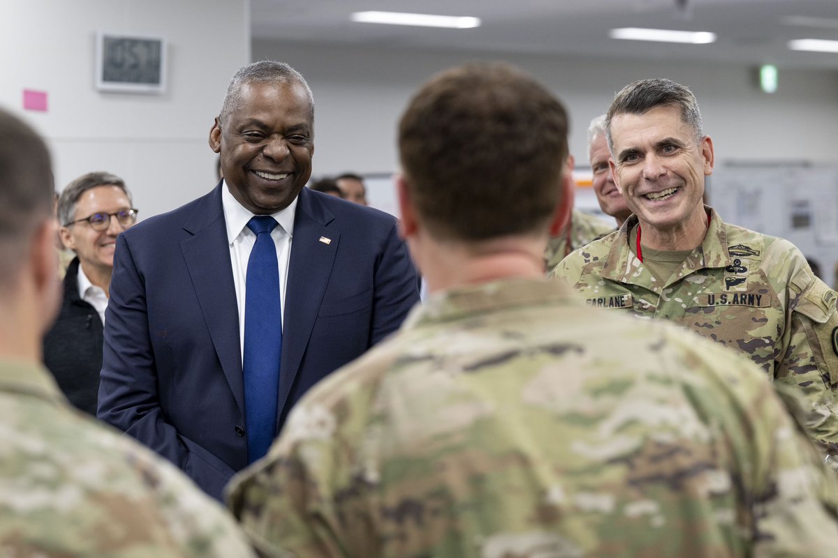 SecDefAustin's tweet photo. Great to meet with some American, Japanese, and Australian troops at Camp Asaka in Japan. These troops demonstrate how the United States military works in lock-step with our Indo-Pacific partners and allies to safeguard peace, security, and prosperity in the region. https://t.co/VPfCOontk1