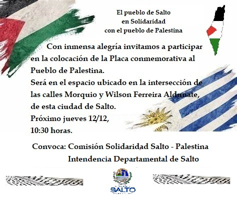 Cybertario's tweet photo. La Intendencia de Salto @id_salto promueve una conmemoración referida al "Pueblo de Palestina" con un mapa que hace desaparecer el Estado de Israel, asumiendo la narrativa genocida de Hamás ("desde el río hasta el mar"). Se trata de un país amigo, con el que Uruguay mantiene relaciones diplomáticas desde 1948 y donde viven varios miles de uruguayos. Se puede ser así de ignorante pero no así de ingenuo.