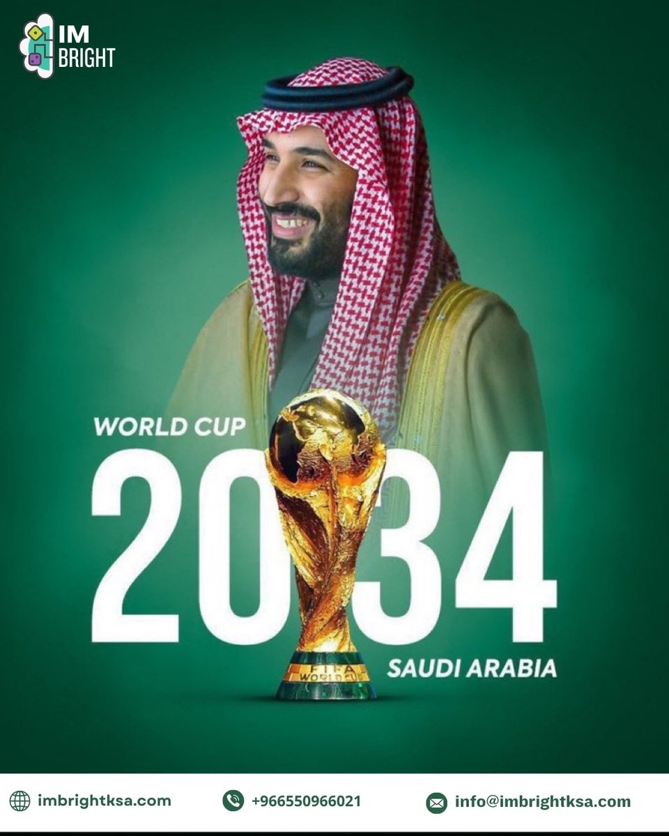 IMBrightKSA's tweet photo. نبارك للمملكة العربية السعودية الفوز باستضافة كأس العالم 2034
وبهذه المناسبة يشارككم مركز أمبرايت الفرحة ويقدم خصم ٥٠٪ علي تقييم المهارات الإدراكية.
#Saudi34 
#كاس_العالم_2034 
#welcometosaudi34 
#imbrightksa https://t.co/J857uSJ4BY