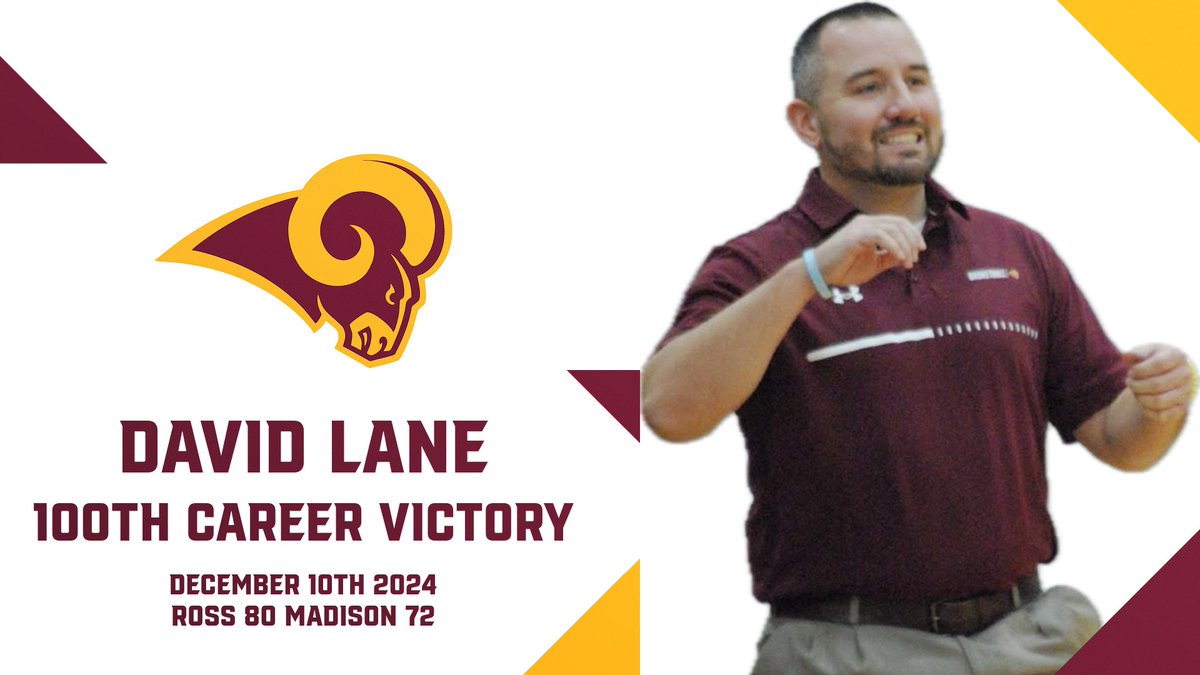 With last night's win over Madison, Coach David Lane has earned his 100th career victory as the head coach of our boys basketball program!  Congratulations Coach!  #GoRAMS <a href="/RossRams1/">Ross High School</a> <a href="/SWBLSPORTS/">Southwestern Buckeye League</a> <a href="/rossrams_mbb/">Coach Lane</a> <a href="/TheReportOhio/">𝑻𝒉𝒆 𝑹𝒆𝒑𝒐𝒓𝒕 𝑶𝒉𝒊𝒐</a> <a href="/RossBoosters/">Ross Athletic Boosters</a> <a href="/RossAthAlum/">Ross Varsity Club</a>