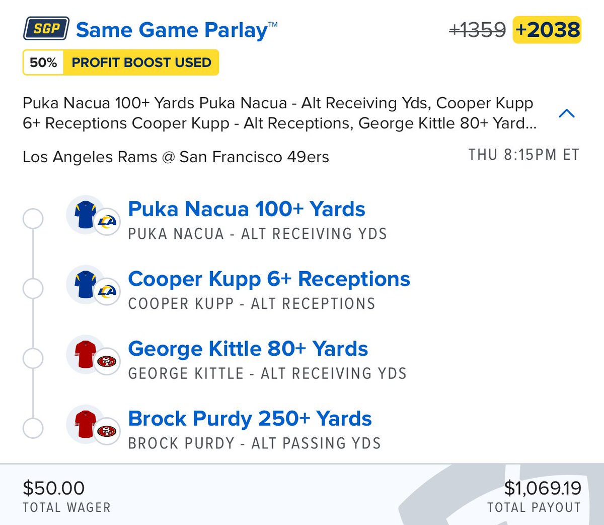 SmartPlaysDaily's tweet photo. #NFL Rams @ 49ers SGP! 🏈 (+2038) 

Get all my plays -> https://t.co/a5Vdk1Ibza https://t.co/YrfnkEK4Y5