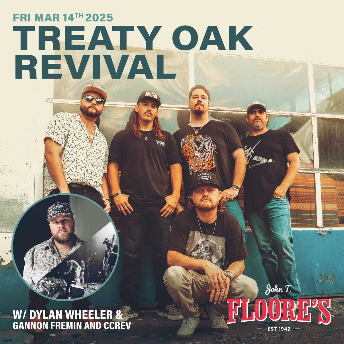 Concert Announcement! Friday, March 14th! Due to extremely high demand, we’ve added another night with Treaty Oak Revival at Floore’s plus special guests Dylan Wheeler and Gannnon Fremin &amp; CC Rev. Be ready! Tickets go on sale Friday at noon here: bit.ly/41oviqJ
