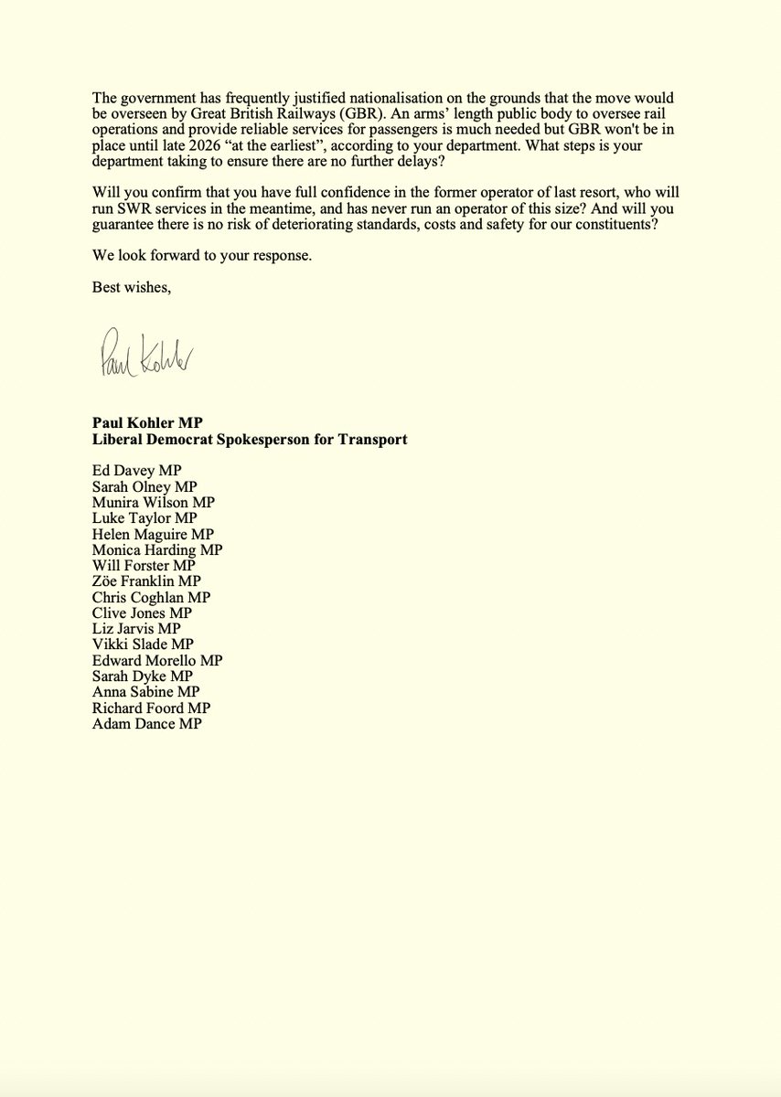 A joint letter from myself, <a href="/EdwardJDavey/">Ed Davey</a> and colleagues to The Rt Hon <a href="/Heidi_Labour/">Heidi Alexander MP</a> MP, Secretary of State for Transport.

With just five months until South Western Rail nationalisation, we’re seeking clarity on reforms to ensure passengers are getting a fair deal.