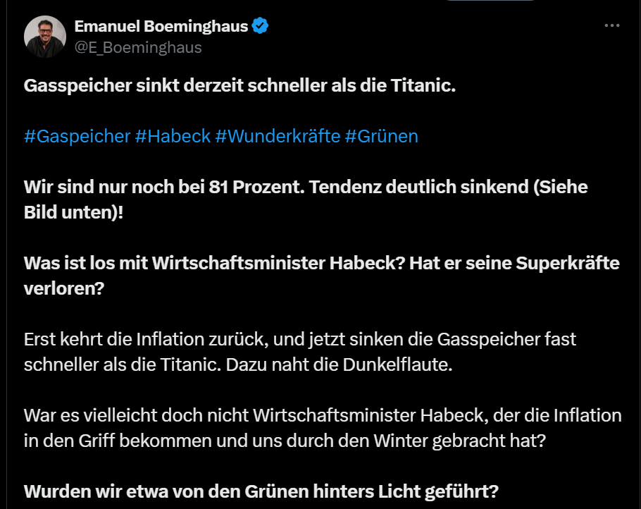 DraconTV's tweet image. Lasst euch nicht von Lügnern verarschen.

OH NEIN DIE GASSPEICHER LAUFEN LEER bei *checks notes* 87% Stand in Deutschland. BLACKOUTS!11!!

Nein, das ist nicht leerer als in den meisten Jahren davor.

Im Winter werden die Speicher aufgebraucht. 

Meine Güte sind die peinlich.