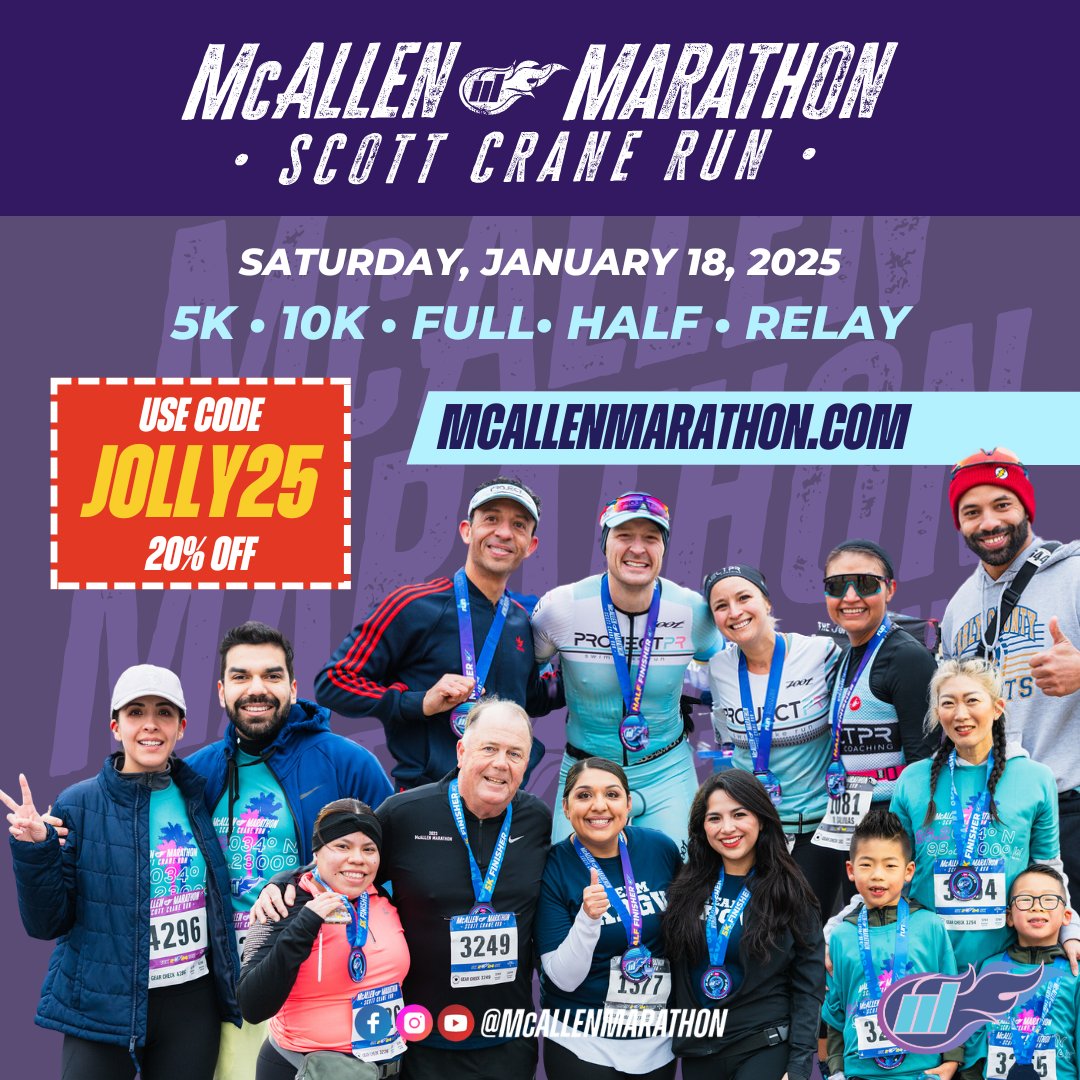 🏃‍♂️Ready, set, run! 🏃‍♀️Join us at the McAllen Marathon Scott Crane Run on Saturday, January 18, 2025!

Use code JOLLY25 for 20% off.🎉

📆Save the date and sign up today.

#McAllenMarathon #McAllenRun #ScottCraneRun