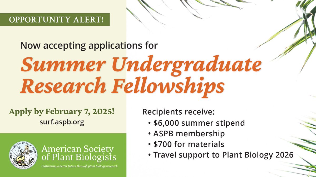 🚨 Opportunity Alert! Now accepting applications for 2025 Summer Undergraduate Research Fellowships (SURF). 

 👉Learn more and apply by February 7, 2025 surf.aspb.org!