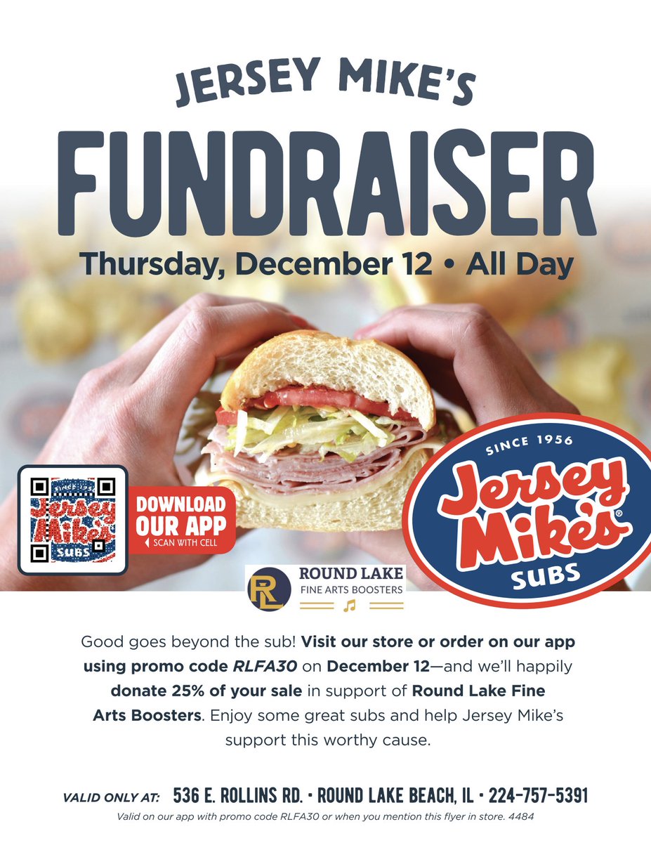 RoundLakeMusic's tweet photo. Thursday make sure to grab lunch or dinner at Jersey Mike’s to support the Fine Arts Boosters!  Must mention the Boosters or show the flyer below.  In the app use promo code RLFA30.  25% of sales will come back to us to support the students in Fine Arts throughout the district. https://t.co/4QlLdSgzXV