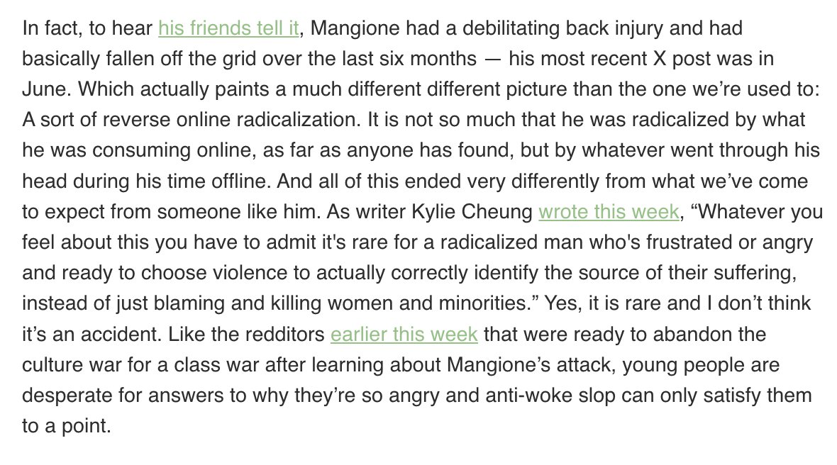 broderick's tweet photo. Unlike other young white men who commit acts of political violence, based on everything we know about Luigi Mangione's suspected social media accounts, it wasn't anti-woke slop that radicalized him, but whatever happened after he stopped consuming it.
https://t.co/S3sIsw7odO https://t.co/vH6zu3h7v4