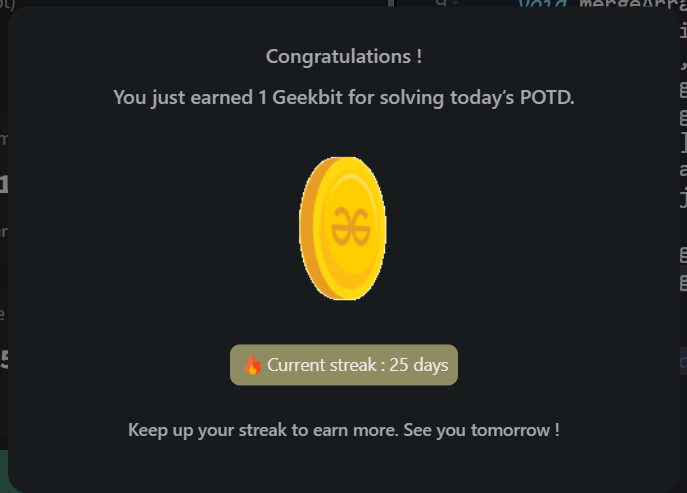 Goutam Mukherjee (@n0ob_coder) on Twitter photo #Day25 of <a href="/geeksforgeeks/">GeeksforGeeks</a> 160 days Challenge:🚀🔥
Solved - Problem 27 #POTD: Merge Without Extra Space✅
#geekstreak2024 #gfg160 #gfg #potd #geeksforgeeks #LearnInPublic #Day25 of <a href="/geeksforgeeks/">GeeksforGeeks</a> 160 days Challenge:🚀🔥
Solved - Problem 27 #POTD: Merge Without Extra Space✅
#geekstreak2024 #gfg160 #gfg #potd #geeksforgeeks #LearnInPublic