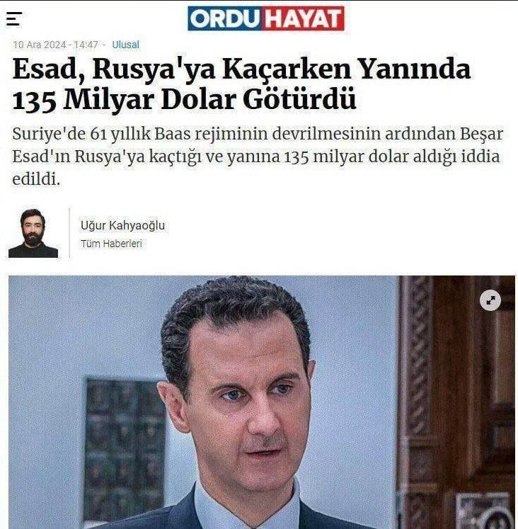 MorEdge_Insight's tweet photo. Just let this sink in, because it’s mind numbing:

Bashar Assad transferred $135 billion to Russia when he fled. $135 billion!!!

Now we know why Russia welcomed him and protect him https://t.co/C4Wzw2ia2m
