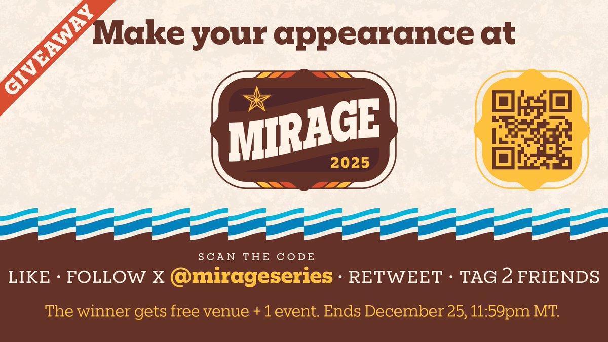 🚨 Mirage 2025 Giveaway Alert! 🚨

Dive into this giveaway for a chance to win free entry into Mirage 2025! 🌊🤿

To Enter:
1. Like this post
2. Follow @MirageSeries
3. Retweet this post
4. Tag two friends in the comments

Giveaway Ends:
-December 25th, 2024, at 11:59 PM MT