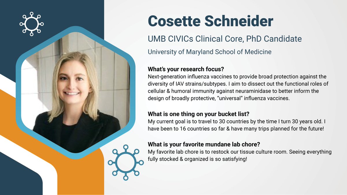 Cosette Schneider, PhD Candidate and member of UMB CC, conducts research to dissect out the functional roles of cellular and humoral immunity against neuraminidase. When it's time for lab chores, you may find Cosette restocking and organizing the tissue culture room! #meetCIVICs
