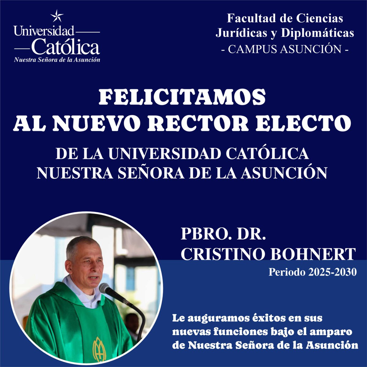 ucderechoasu's tweet photo. La FCJD saluda al Pbro. Cristino Bohnert Bauer como nuevo Rector de la UC (2025-2030).
Confiamos en que su liderazgo fortalecerá nuestra comunidad universitaria. ¡Éxitos en esta nueva etapa! https://t.co/wokD7LypY4