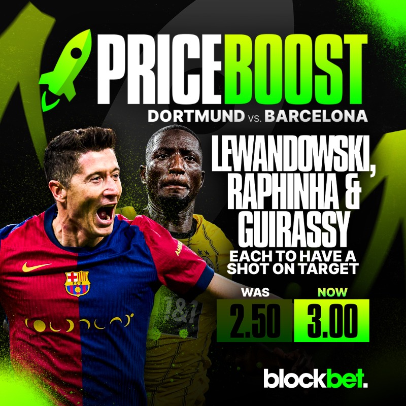 BlockBetGG's tweet photo. Huge UCL clash tonight when La Liga leaders Barcelona travel to Signal Iduna Park to take on Borussia Dortmund. 🏆

At BlockBet we're offering the best price anywhere on Lewandowski, Raphinha &amp; Guirassy each to have a shot on target. 🎯

Tap the image to lock in now. 🫡